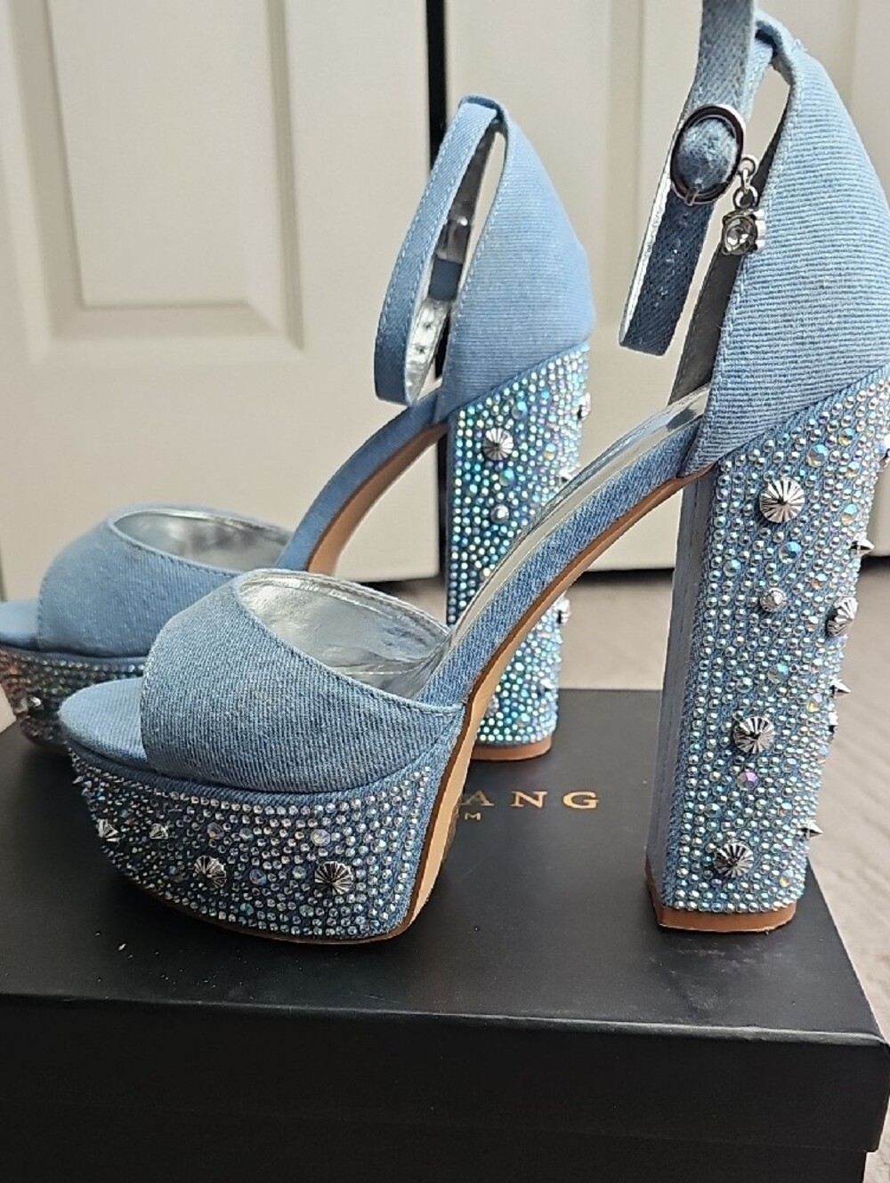 Light Blue Platform Ankle-Strap High Heels with Rhinestone Embellishment - Picture 3 of 10